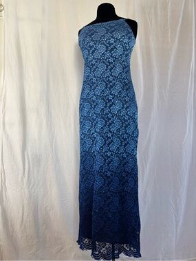 Blue Ombre Lace Slip Dress Maxi Petite 8 Floral Mesh Lined Evening Romantic